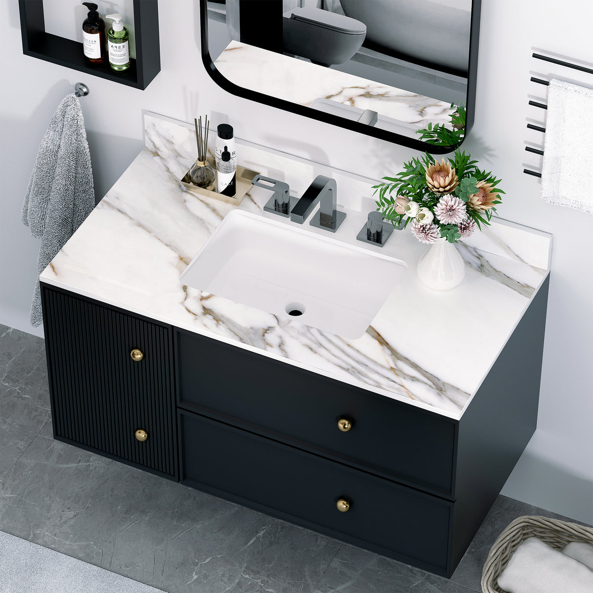 43 inch marble countertop with base rectangular central sink and 4-inch high splash guard, pre drilled 8-inch faucet hole ,white - V.I.P Digital Presence