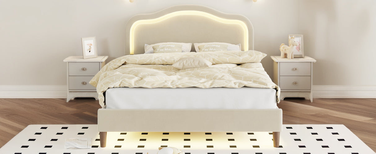 Full Size Velvet Upholstered Smart LED Bed Frame with Adjustable Height Headboard,No Box Spring Needed,Easy Assembly,Beige - V.I.P Digital Presence