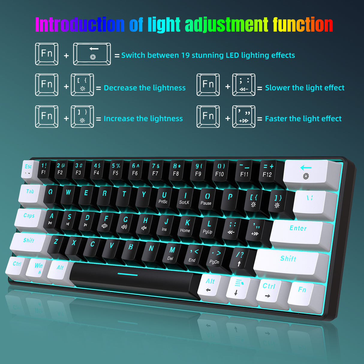 Mechanical keyboard 61 key short style small keyboard for office typing, black and white dual splicing ice blue backlit blue axis gaming keyboard - V.I.P Digital Presence