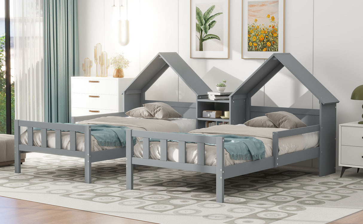 Double Twin Size Platform Bed with House-shaped Headboard and a Built-in Nightstand Grey