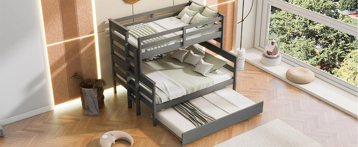 Wood Twin over Full Bunk Bed with Twin Size Trundle Gray