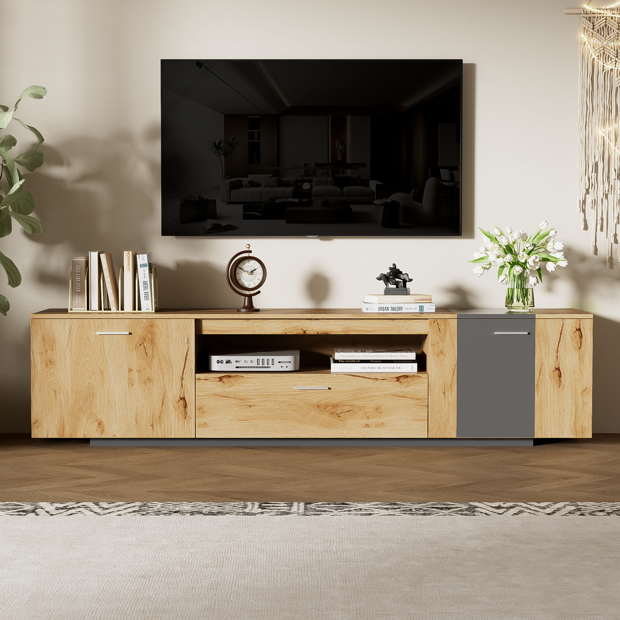 70 inch modern TV stand with 3 cabinets and drawers, entertainment center can accommodate TVs under 80 inches - V.I.P Digital Presence