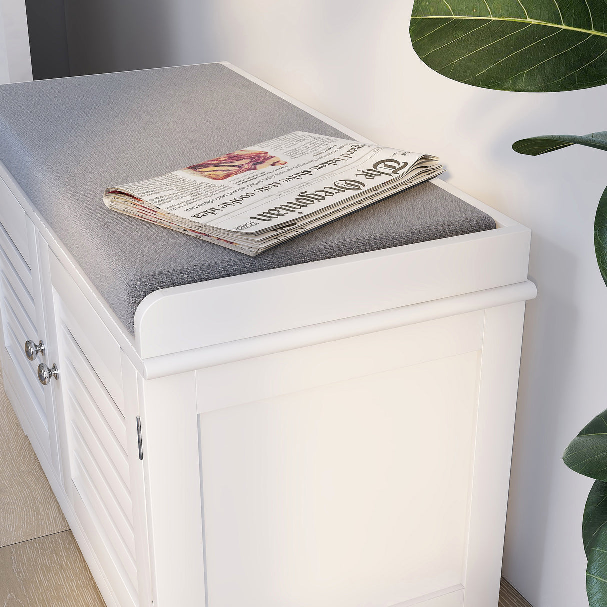 Shoe Storage Bench with Padded Seat Cushion, Entryway Bench with 2 Barn Doors-White - V.I.P Digital Presence
