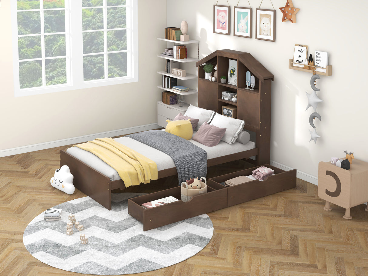 Twin Size Wood Platform Bed with House-shaped Storage Headboard and 2 Drawers Walnut