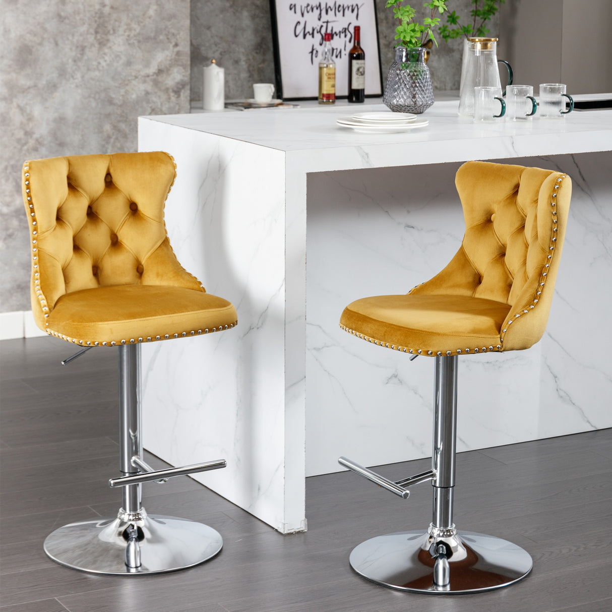 25-33 Inch, Modern Upholstered Chrome base Bar Stools with Backs Comfortable Tufted for Home Pub and Kitchen Island(Gold,Set of