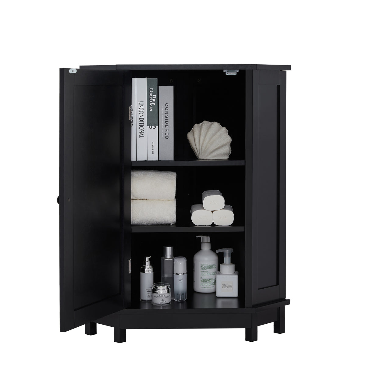 Black Bathroom Cabinet Triangle Corner Storage Cabinet with Adjustable Shelf Modern Style MDF Board - V.I.P Digital Presence