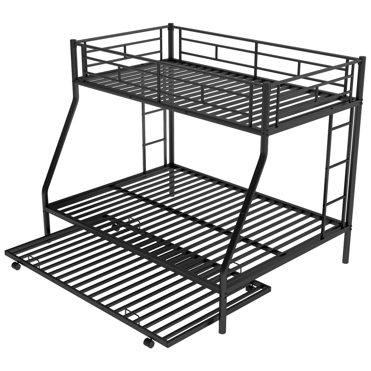 Twin over Full Bed with Sturdy Steel Frame Bunk Bed with Twin Size Trundle Two-Side Ladders Black