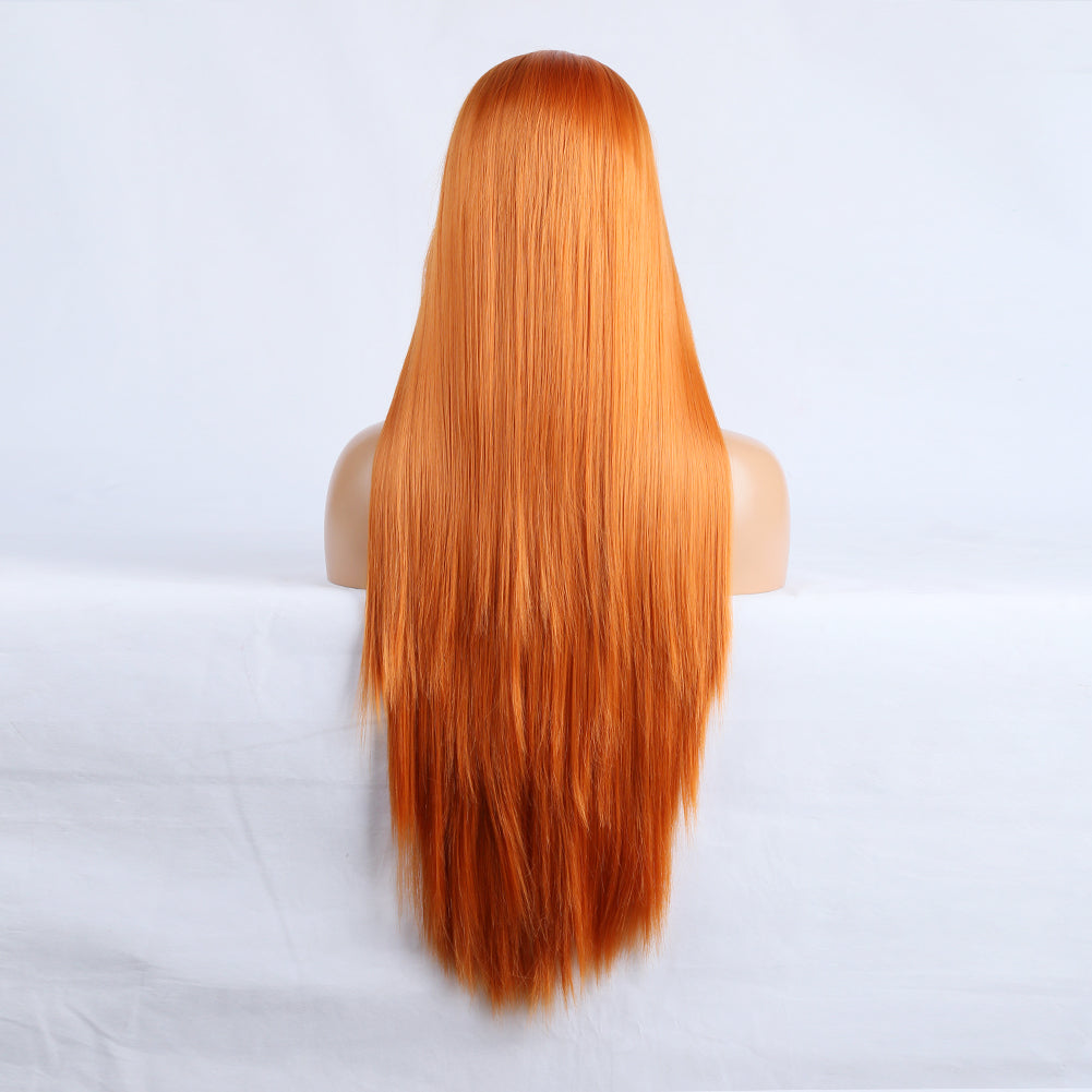 Long Straight Hair 13*2.5 Orange Chemical Fiber Front Lace Wig Head Cover Natural Hairline - V.I.P Digital Presence