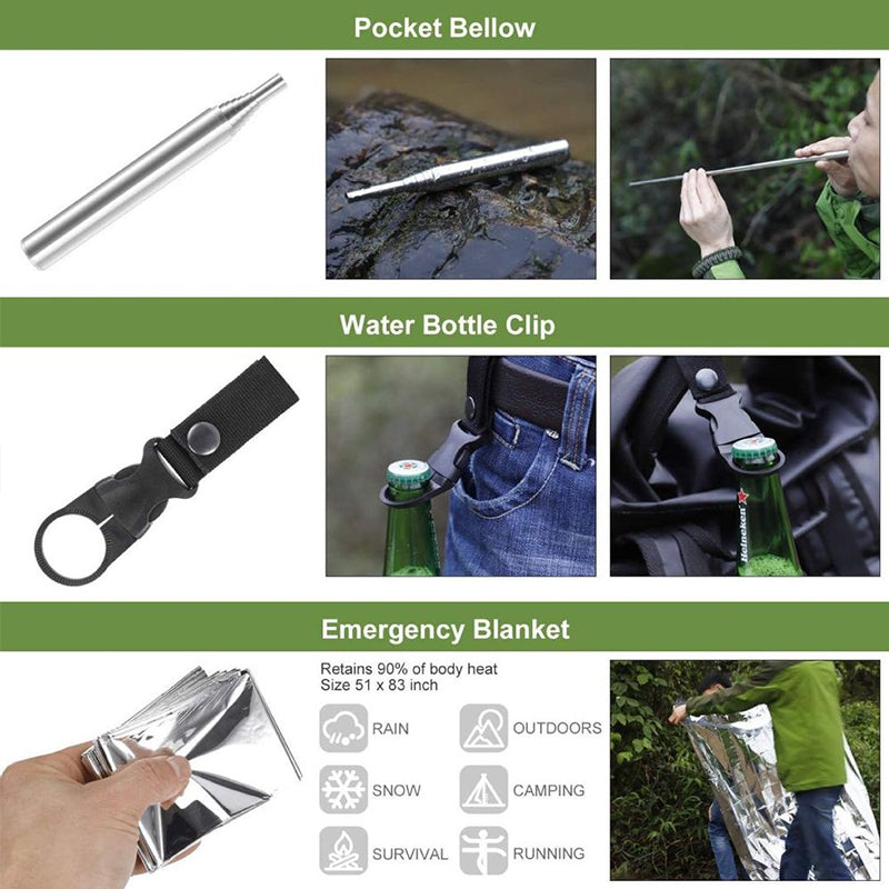 Military-grade outdoor travel survival kit with mini camping tools, emergency bracelet, whistle, blanket and knife. - V.I.P Digital Presence
