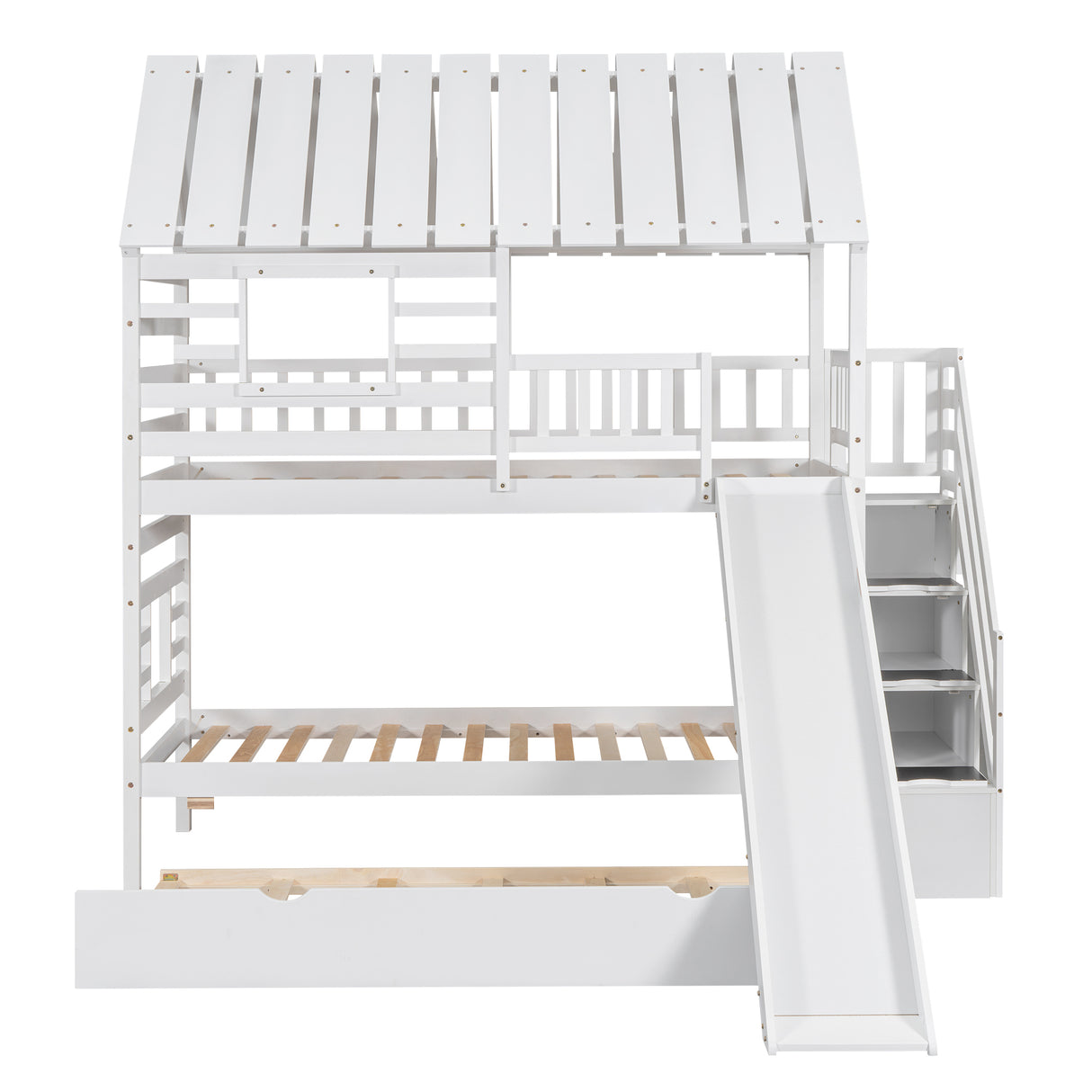 Twin over Twin House Bunk Bed with Trundle and Slide Storage Staircase Roof and Window Design White