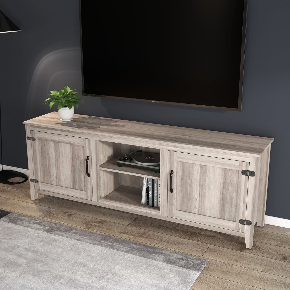 TV Stand Storage Media Console Entertainment Center With Two Doors, Grey Walnut - V.I.P Digital Presence