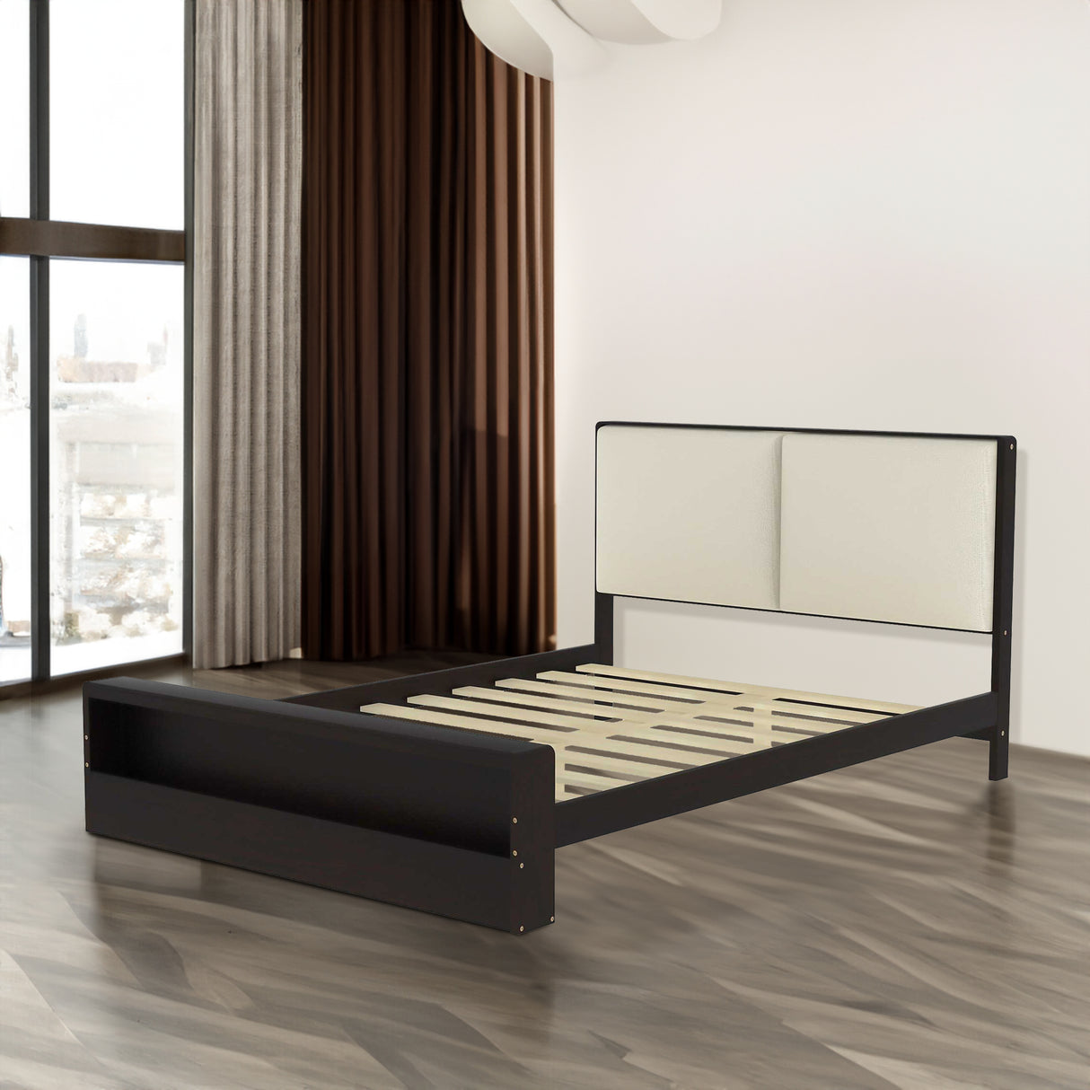 Queen Size Platform Bed Frame with Upholstery Headboard and Bookshelf in Footboard and LED Light Strips, Espresso - V.I.P Digital Presence