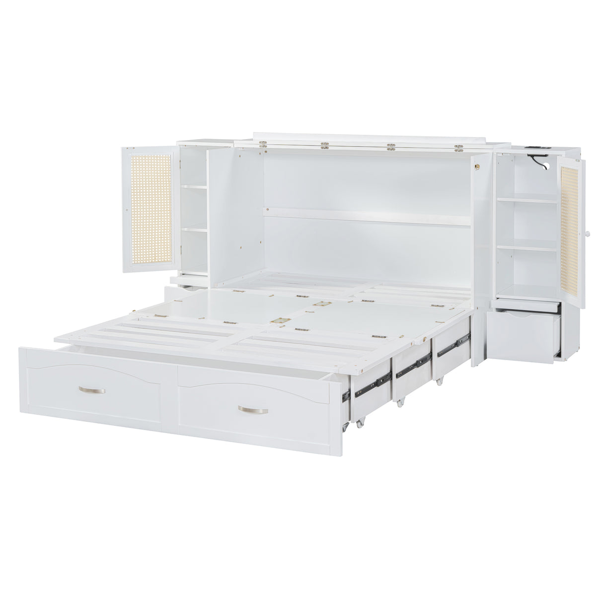 Large Murphy bed wall mounted bed with drawers, 2 storage cabinets, 1 set of sockets and USB ports, white - V.I.P Digital Presence