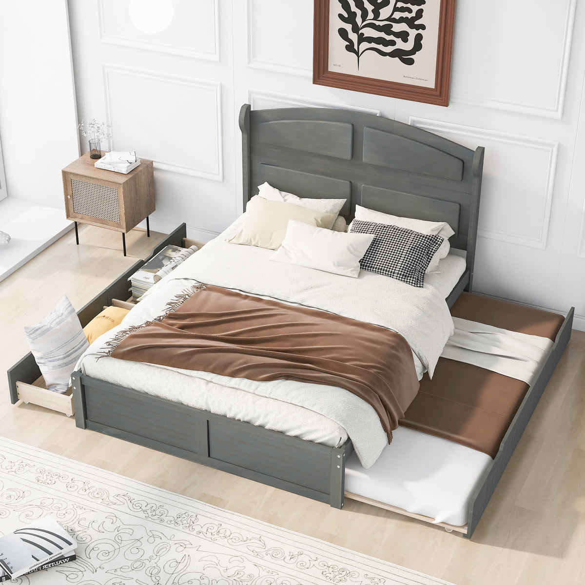 Wood Queen Size Platform Bed with Twin Size Trundle and 2 Drawers Antique Gray