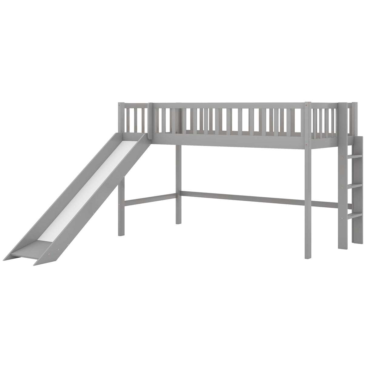 Twin Size Low Loft Bed with Ladder and Slide Gray