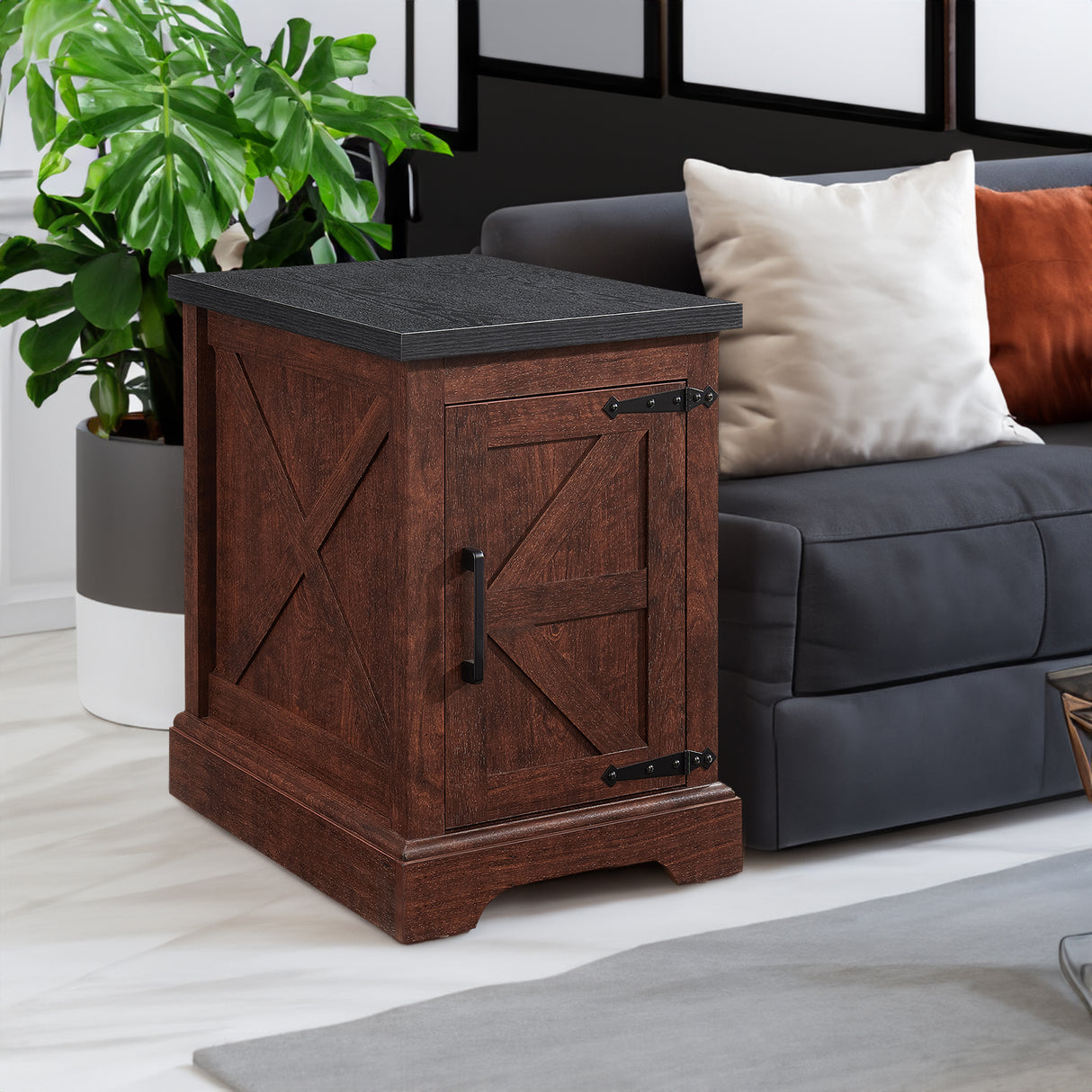 Farmhouse tea table bedside table rectangular farmhouse tea table with barn door and adjustable storage rack OAK - V.I.P Digital Presence