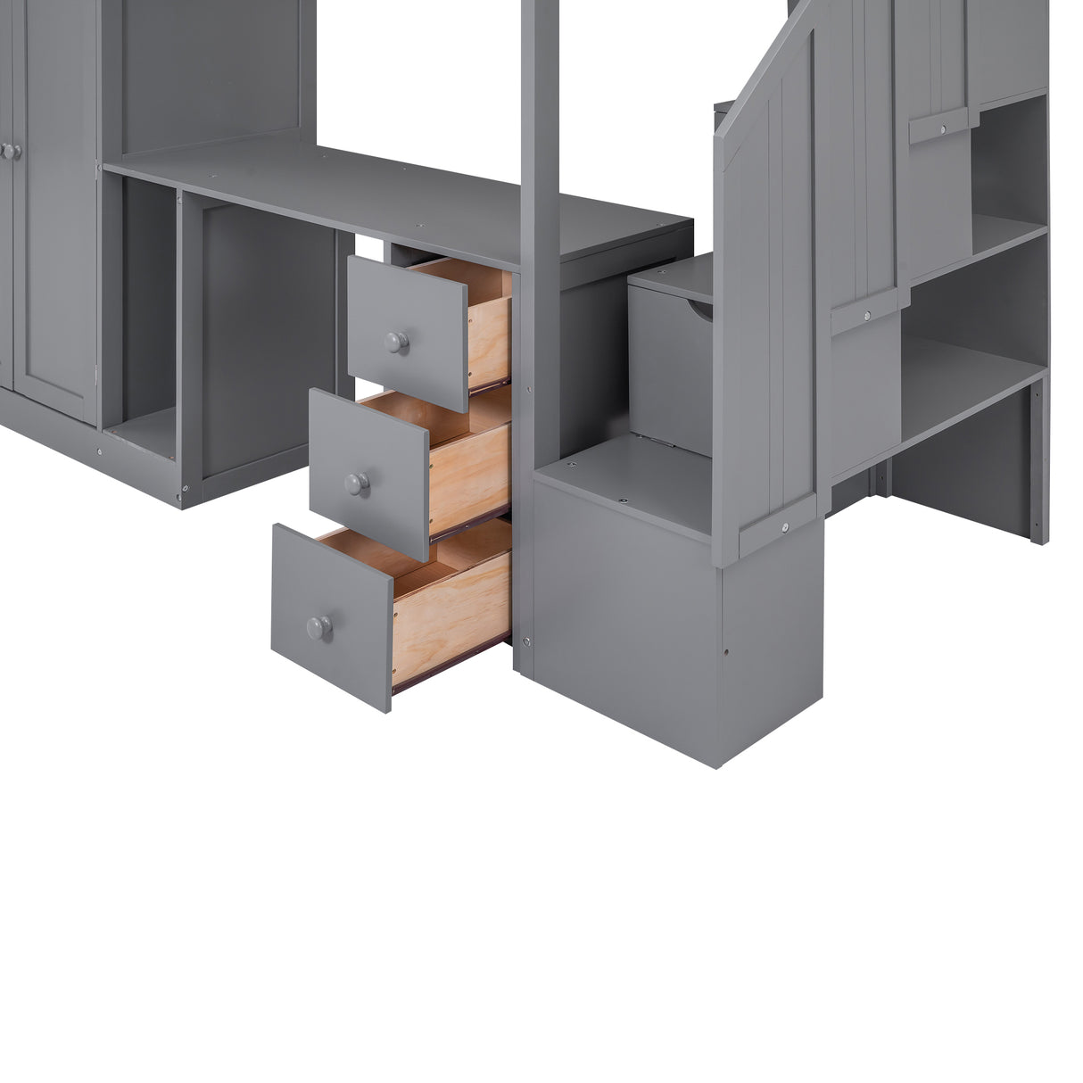 Twin Size Loft Bed with Wardrobe and Staircase Desk and Storage Drawers and Cabinet in 1 Gray