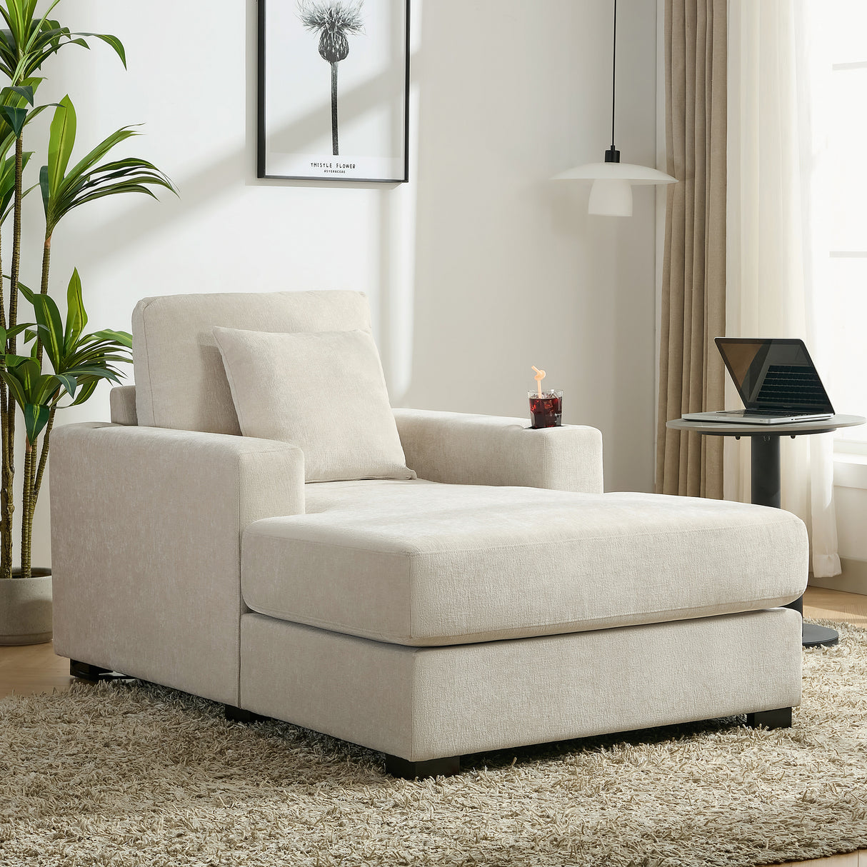 39.7" Oversized Chaise Lounger Modern Style Sofa Couch ,with Pillows, Charge Station & Cup Holders, Chenille Fabric, Cream - V.I.P Digital Presence