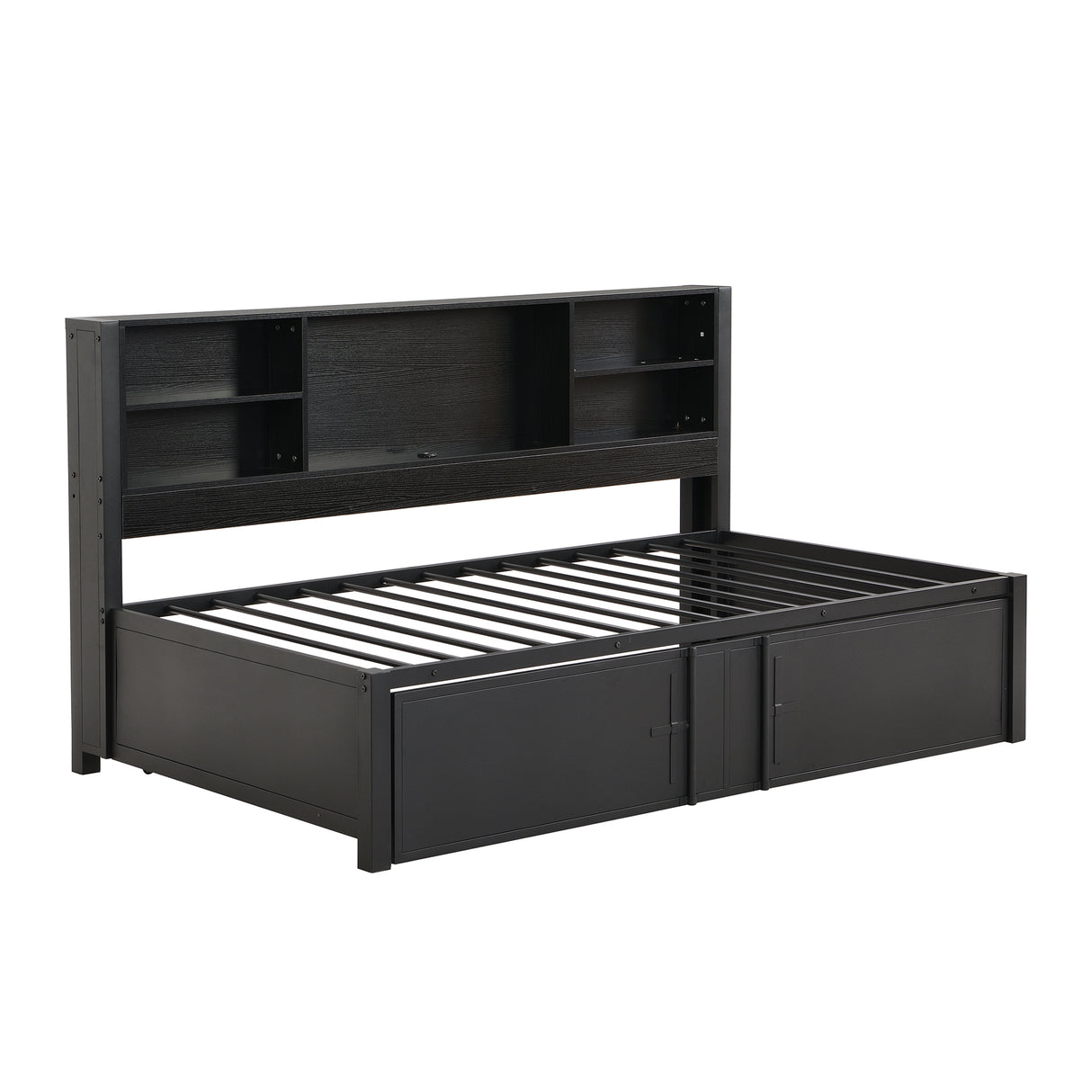 Metal Twin Size Daybed with Twin Size Trundle Storage Shelves and USB Ports Black