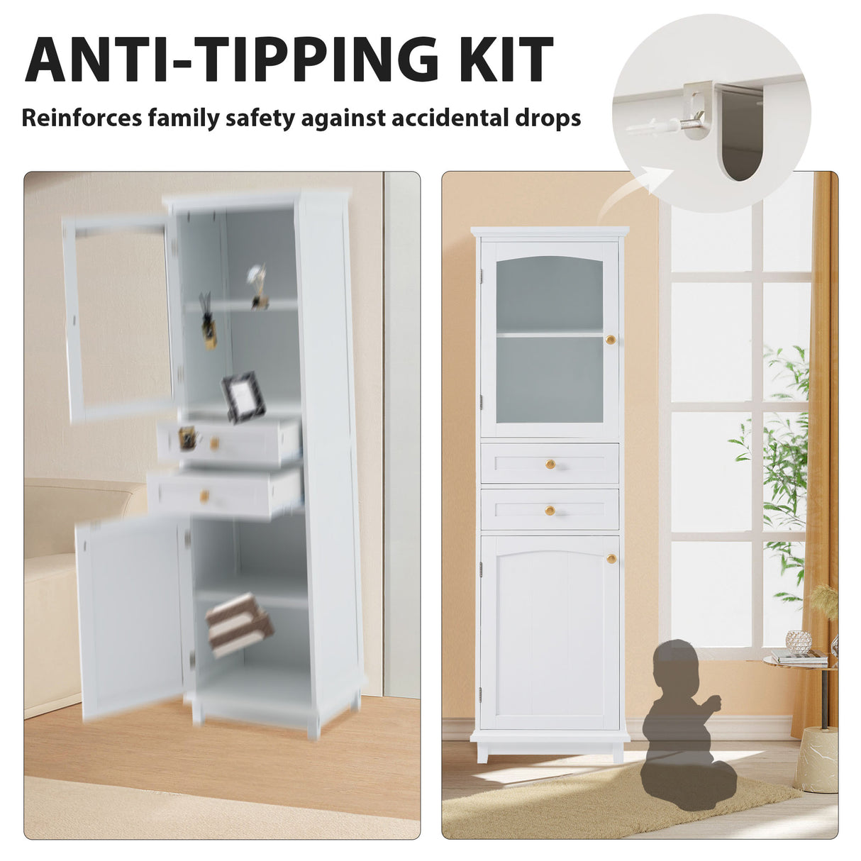 High bathroom storage cabinet with glass door, freestanding, two drawers and adjustable shelves, MDF board, painted white - V.I.P Digital Presence