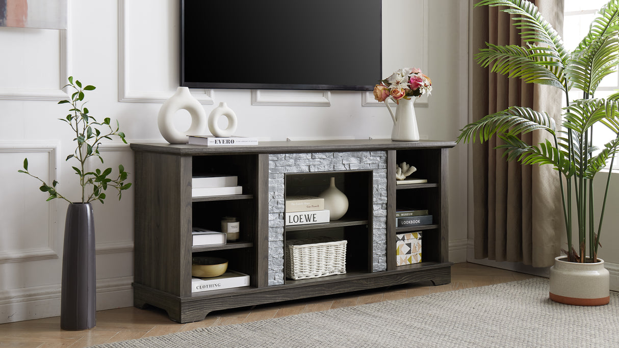 Mantel Stone modern entertainment console, manually stacked stone surrounds open storage space, gray - V.I.P Digital Presence