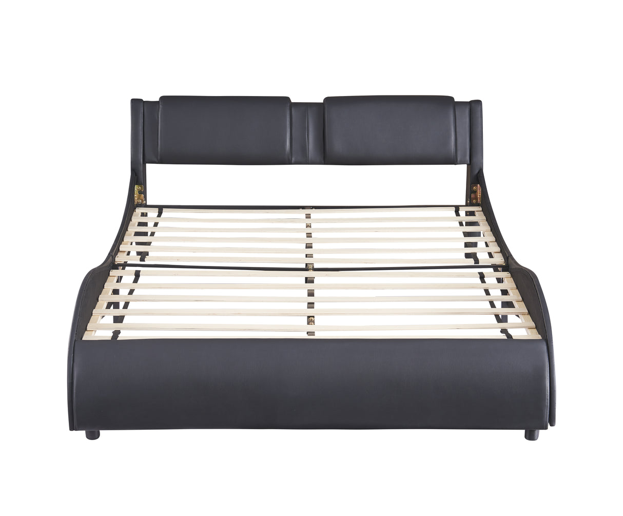 Queen Size Upholstered Faux Leather Platform Bed with LED Light Bed Frame with Slatted - Black - V.I.P Digital Presence