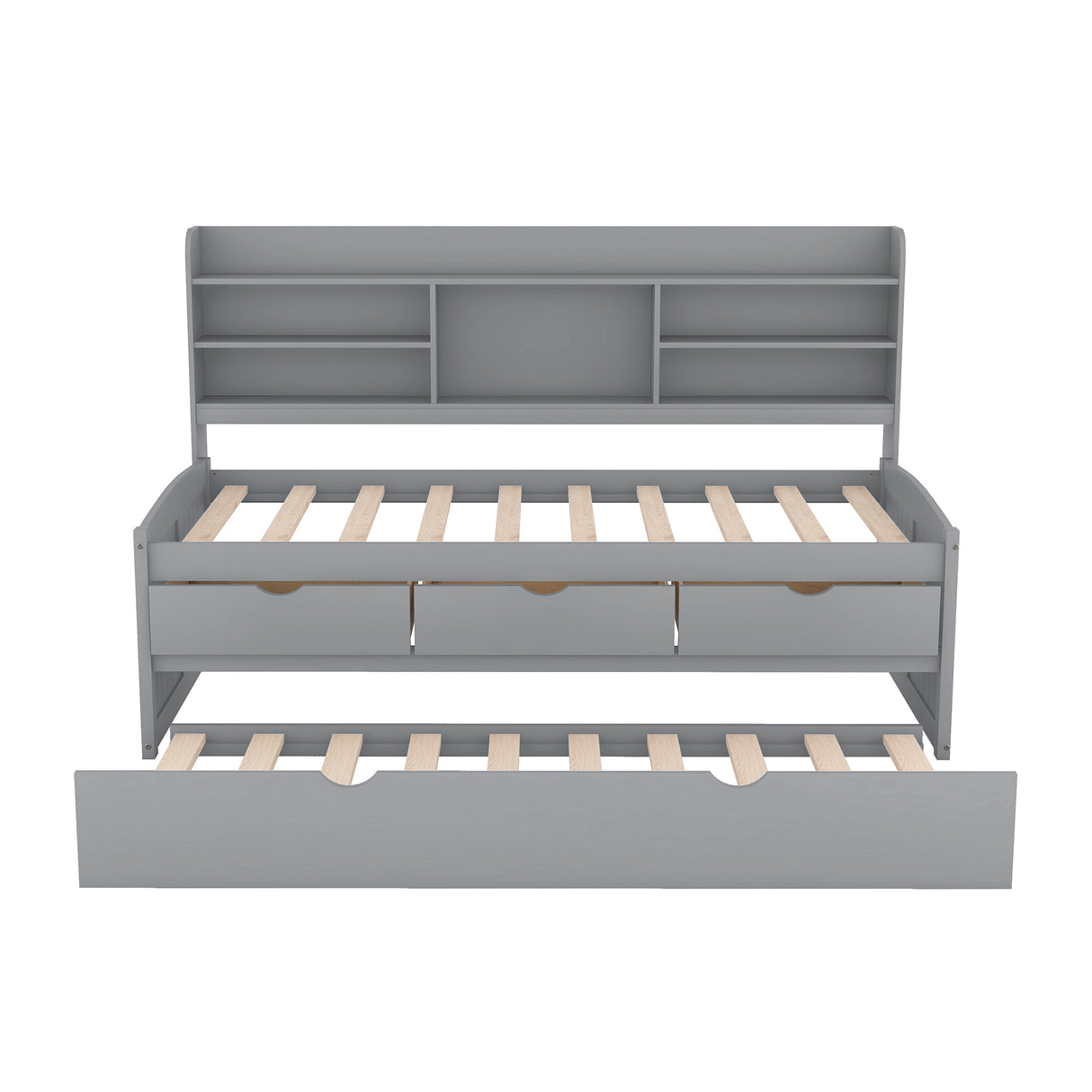 Twin Size Wooden Captain Bed with Built-in Bookshelves,Three Storage Drawers and Trundle Light Grey