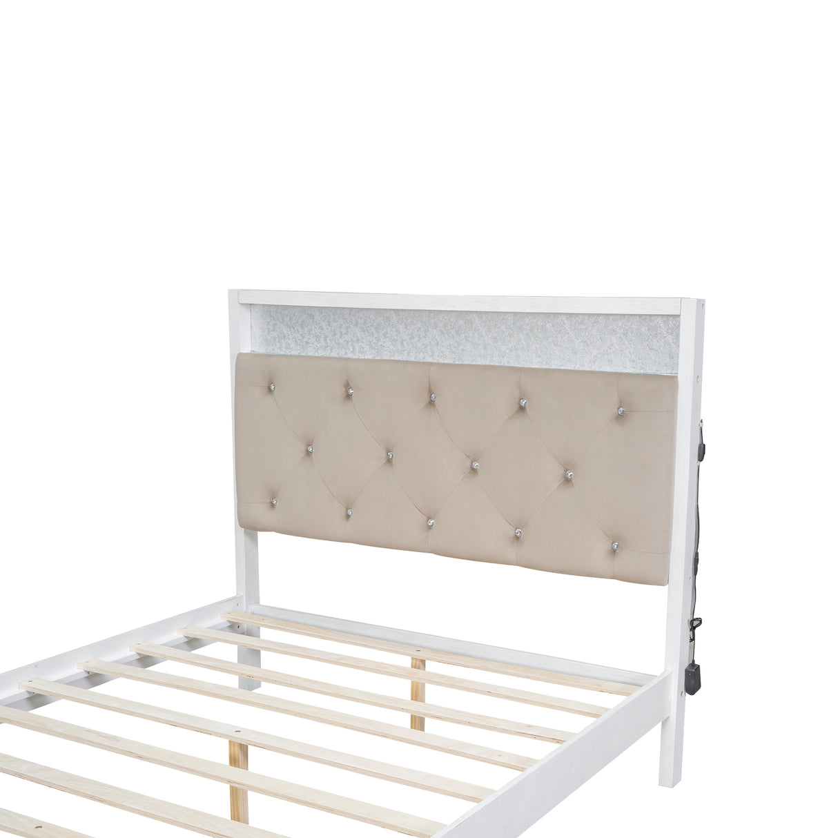 Wood Full Size Platform Bed with Upholstered Headboard and LED and 2 Drawers, Antique White - V.I.P Digital Presence
