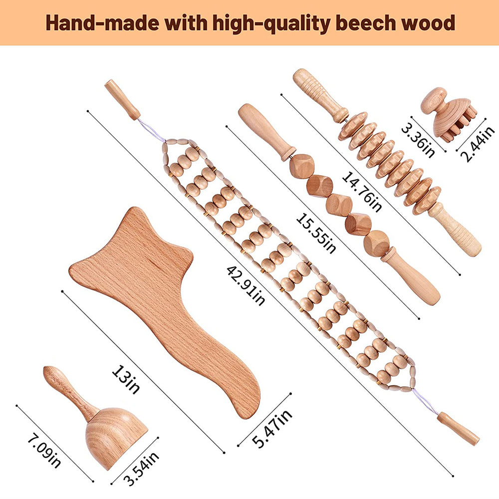 Beech wood therapy scraping cup, meridian dredging roller, tendon rolling stick, scraping board, head massager, massage set - V.I.P Digital Presence