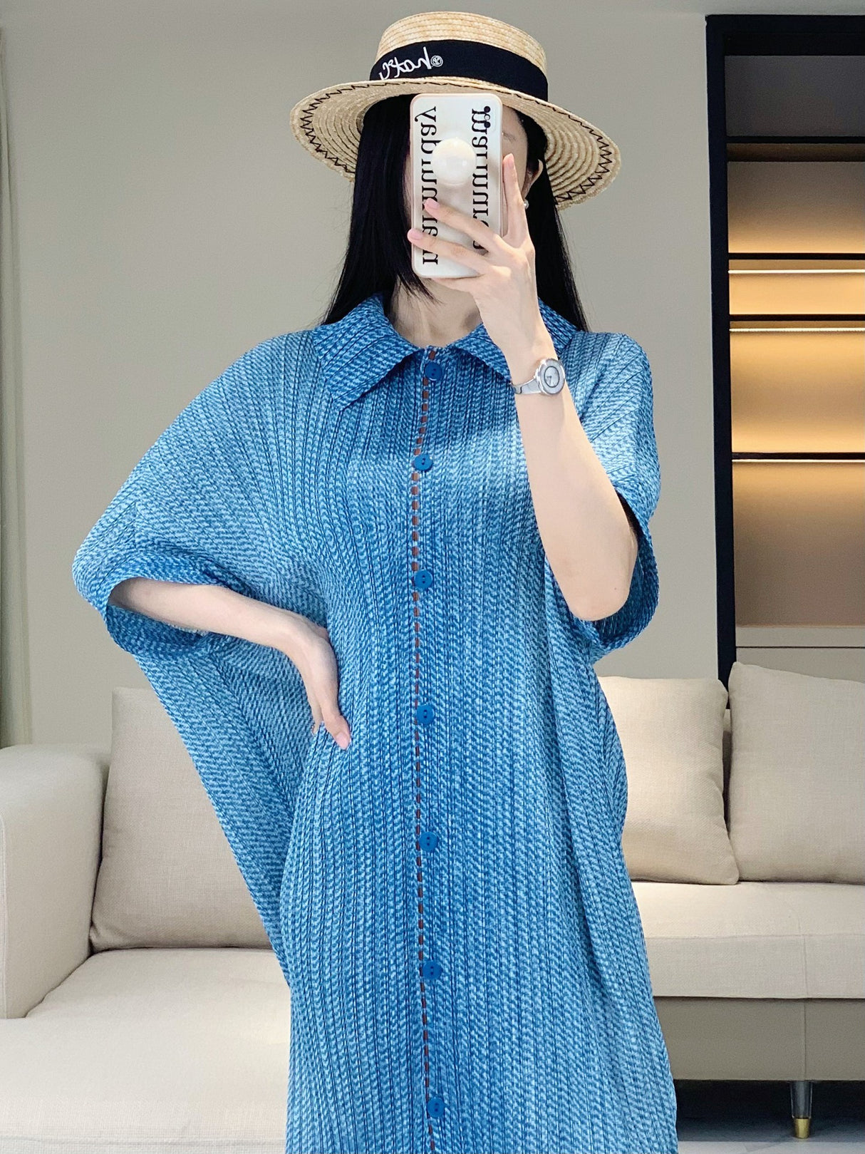 Casual loose dress women's summer solid color trend lapel button short sleeved pleated mid length skirt