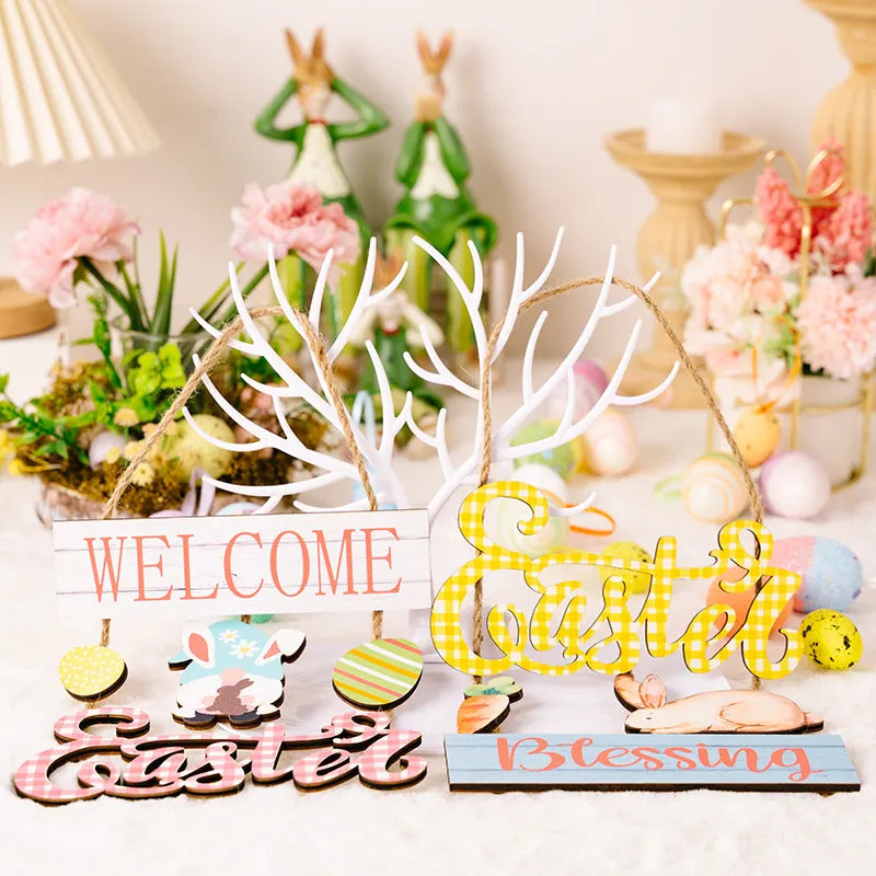 Easter decoration supplies Easter grid letter wooden pendant cartoon Easter egg rabbit pendant - V.I.P Digital Presence