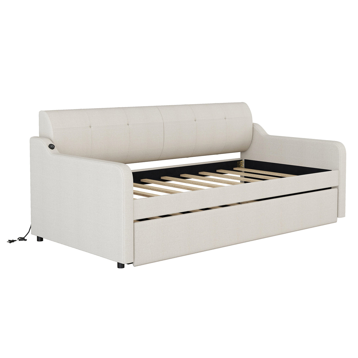 Twin Size Upholstery Daybed with Trundle and USB Charging Design Trundle can be flat or erected Beige