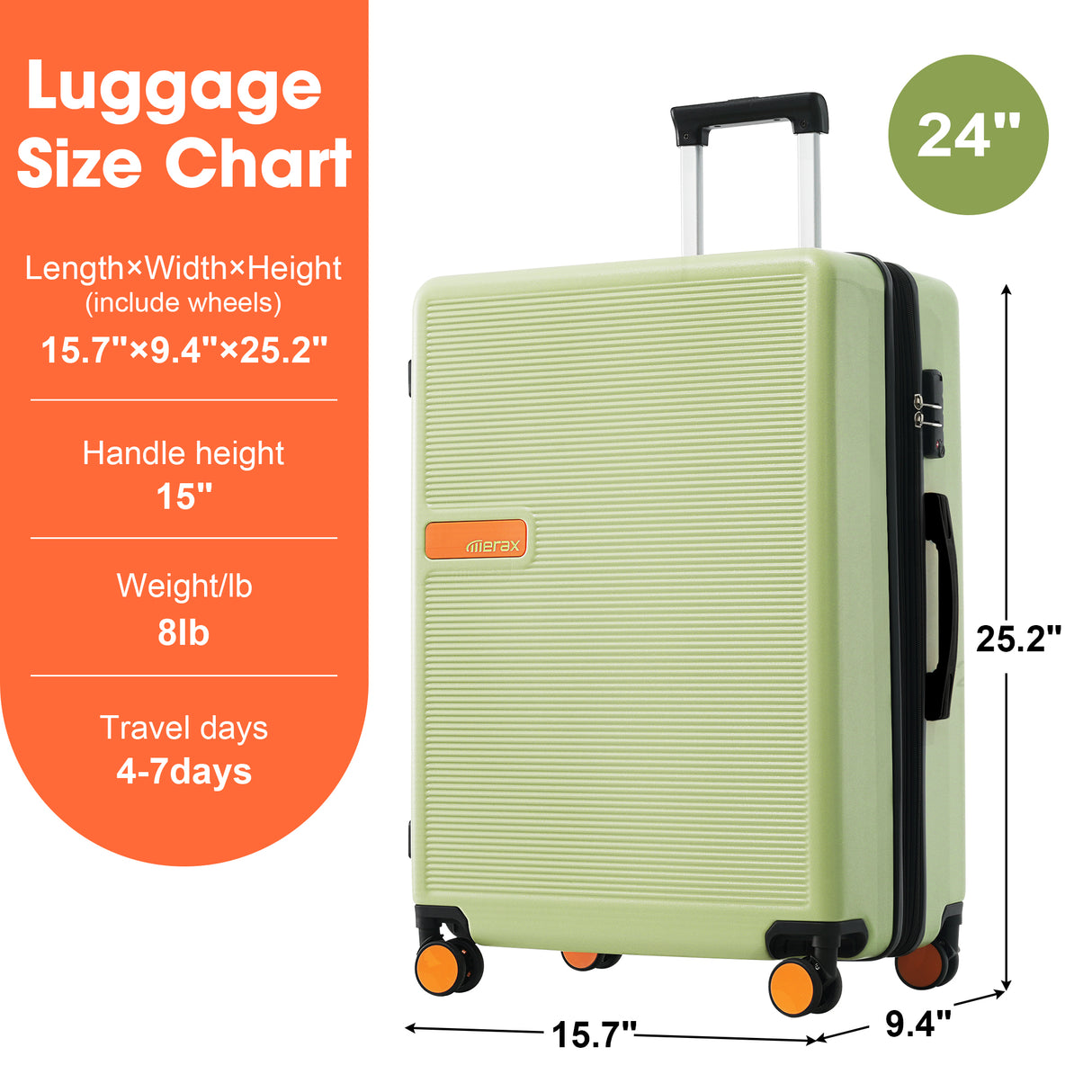 Contrast Color Hardshell Luggage 24inch Expandable Spinner Suitcase with TSA Lock Lightweight Green + ABS