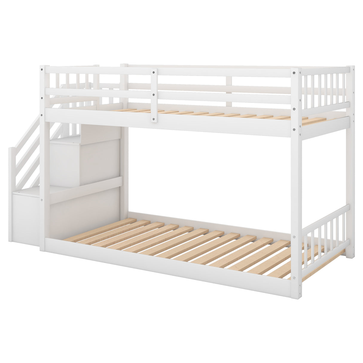 Twin over Twin Floor Bunk Bed, Ladder with Storage White