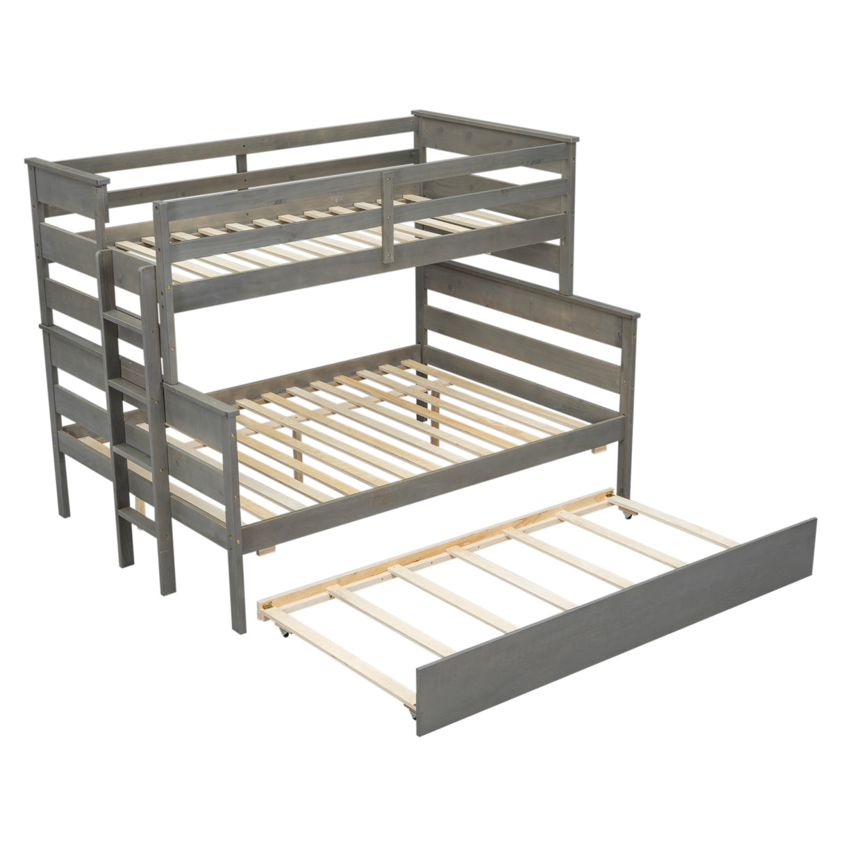 Wood Twin over Full Bunk Bed with Twin Size Trundle Gray