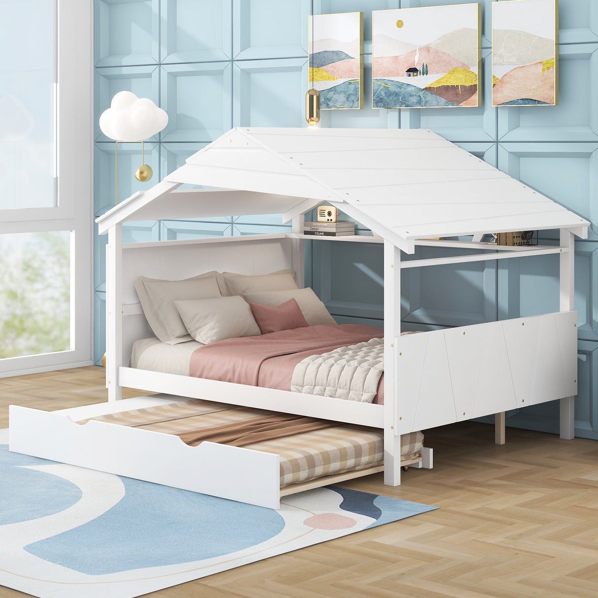 Wood Full Size House Bed with Twin Size Trundle and Storage White