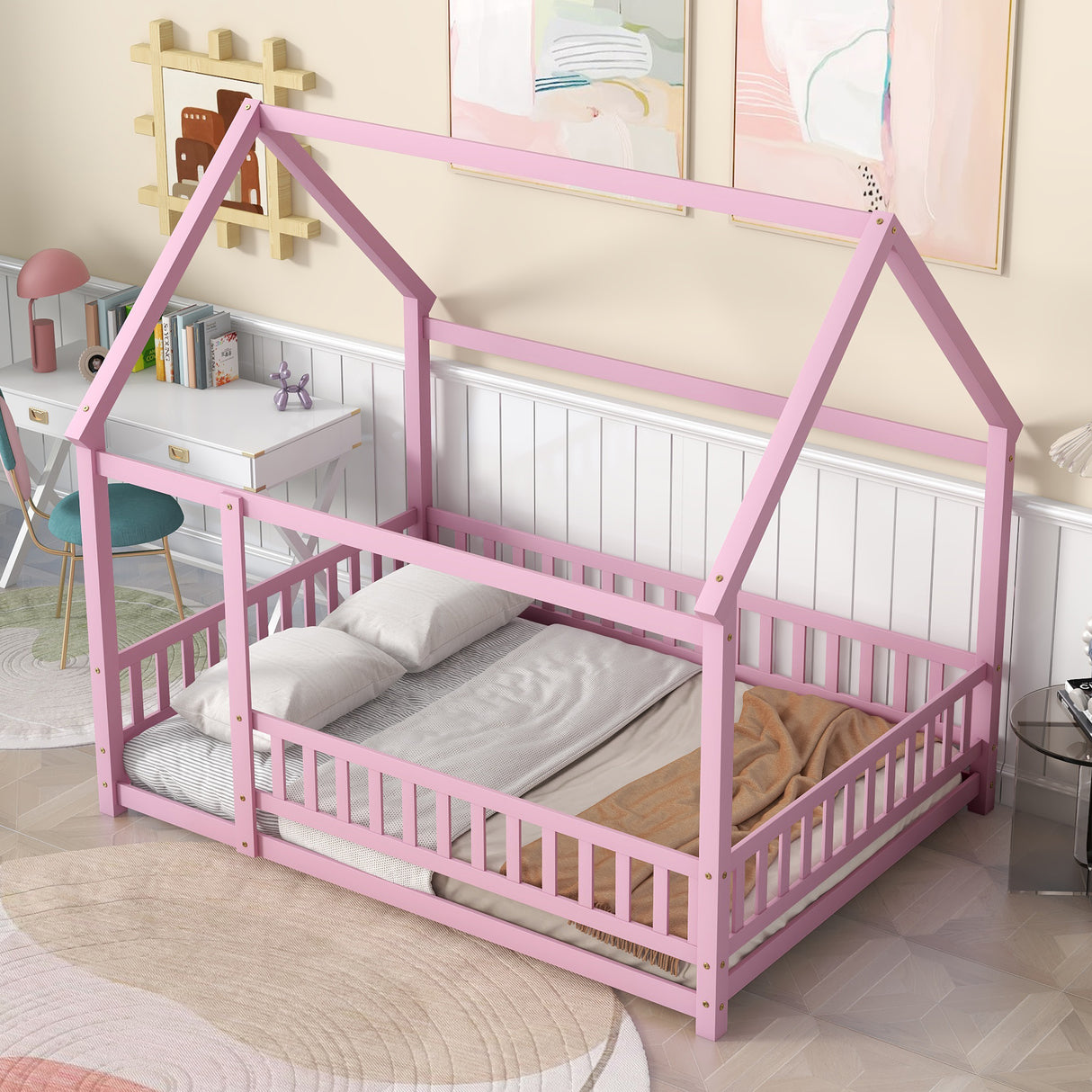Full Size Floor Wooden Bed with House Roof Frame, Fence Guardrails ,Pink - V.I.P Digital Presence