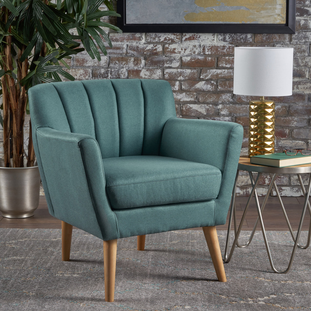 Mid Century Modern Fabric Club Chair, 28.30" W x 27.60" D x 31.50" H, Dark Teal/Natural - V.I.P Digital Presence