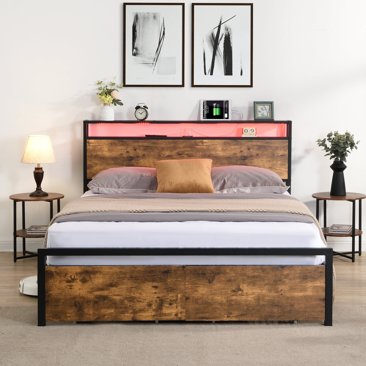 Large bed frame with storage headboard and 2 drawers, LED light bed, charging station, metal platform bed - V.I.P Digital Presence