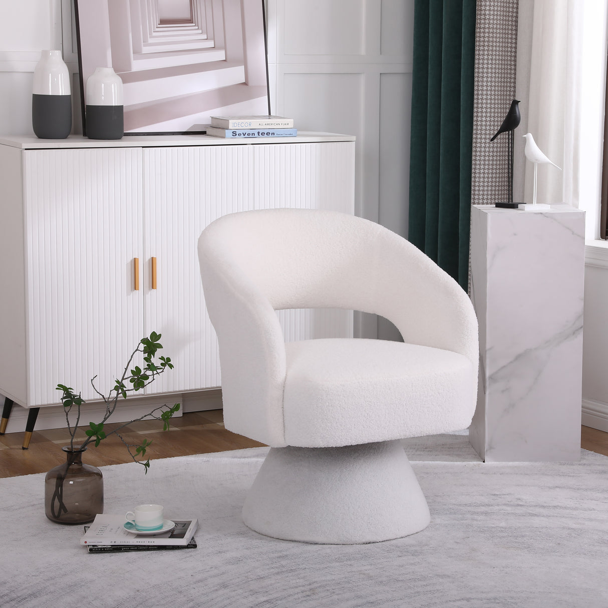 Swivel Accent Chair Armchair Round Barrel Chair in Fabric for Living Room Bedroom White