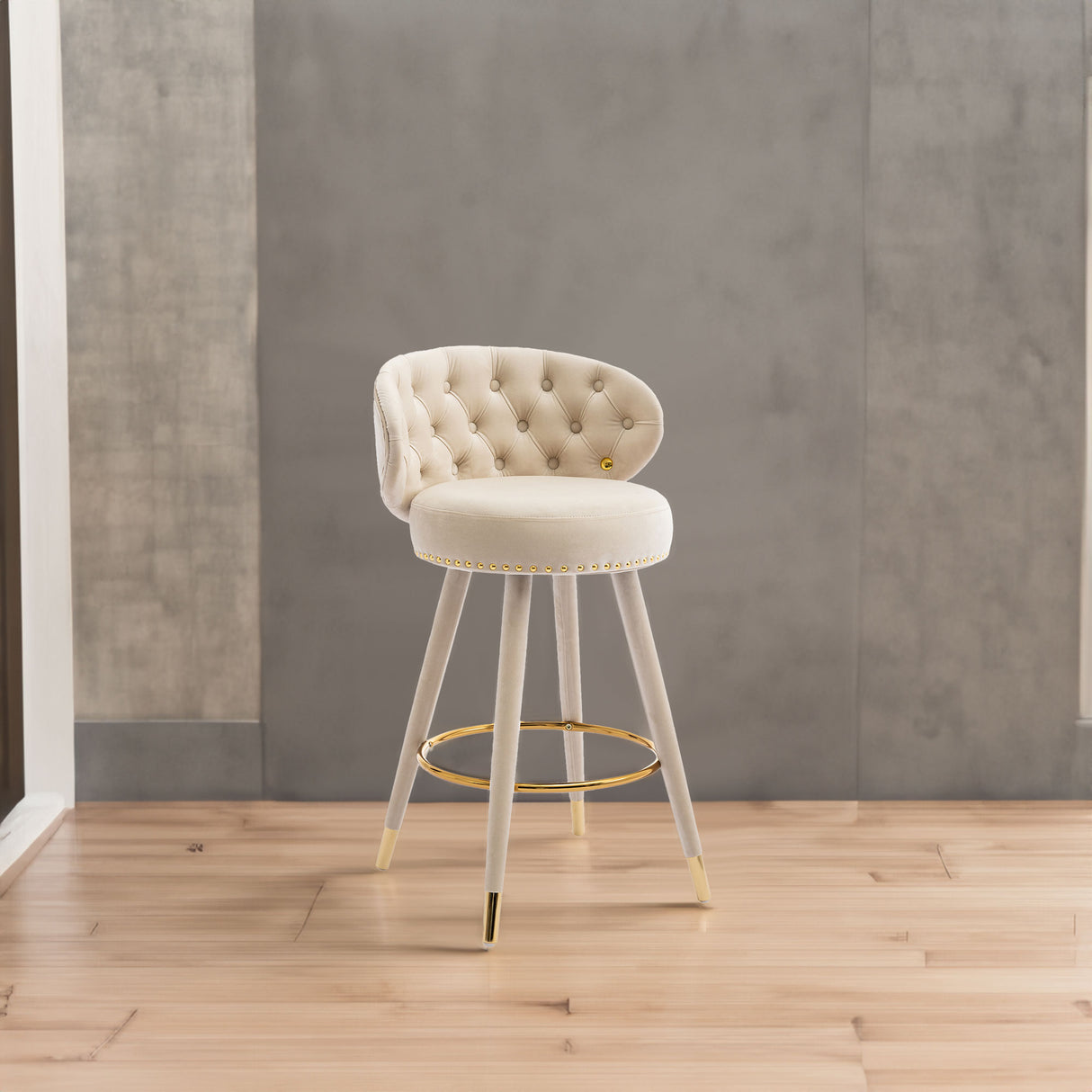 COOLMORE Counter Height Bar Stools Set of 2 for Kitchen Counter Solid Wood Legs with a fixed height of 360 degrees Beige