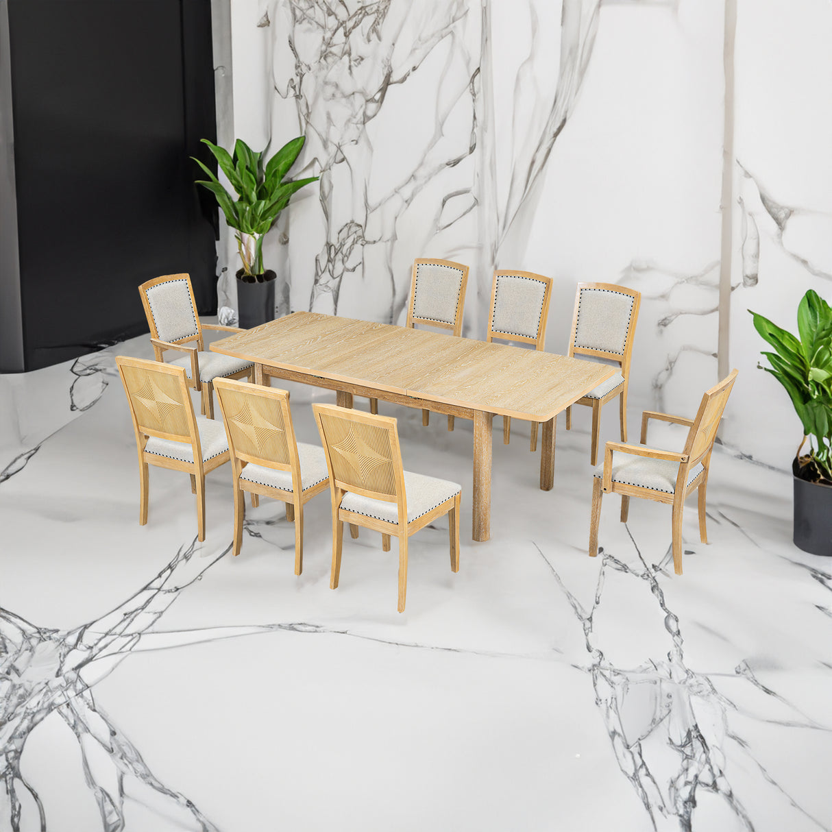 TOPMAX expandable 84 inch dining table set with 24 inch detachable leaves, 6 armless chairs and 2 armchairs 9 pieces natural