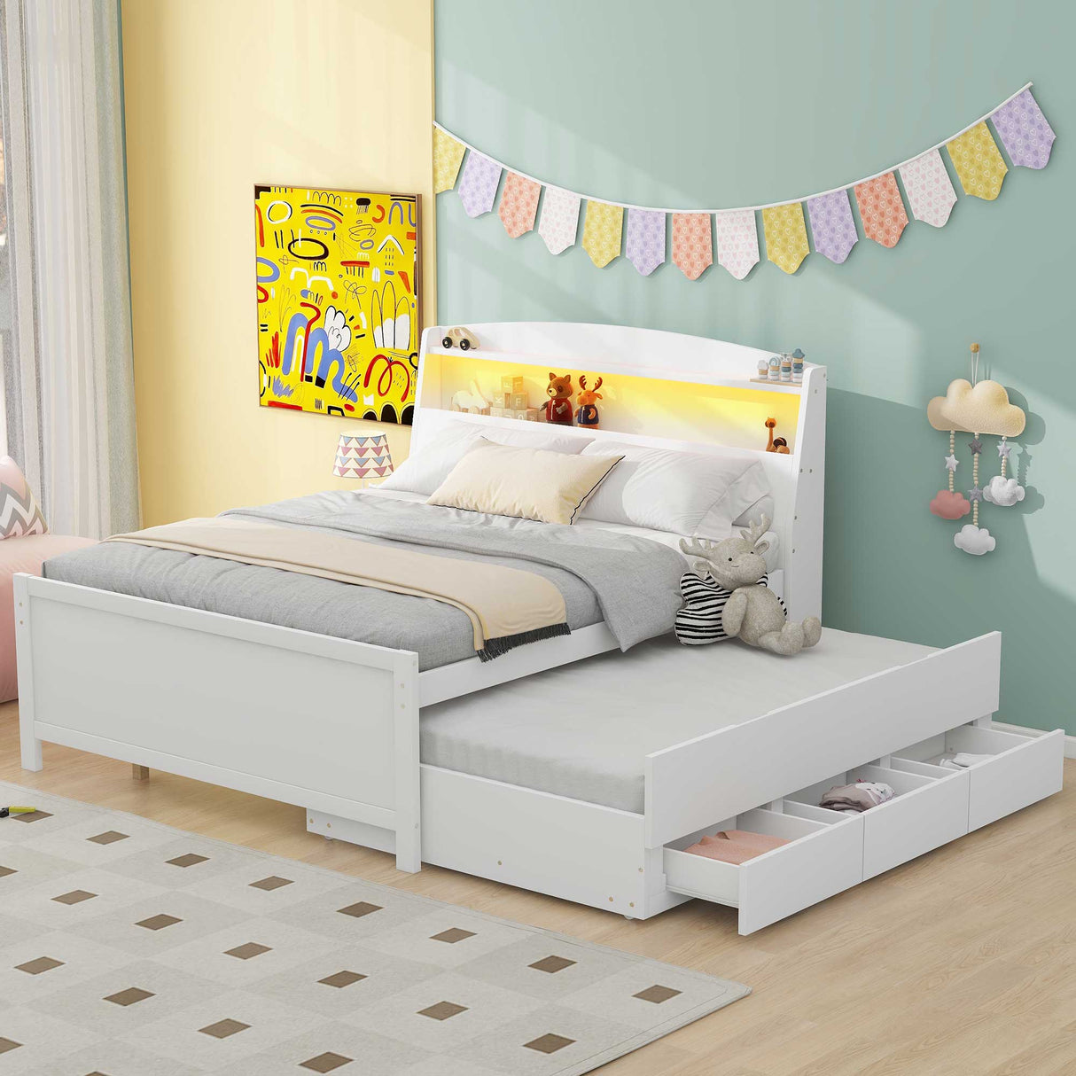 Full Size Platform Bed with Storage LED Headboard Twin Size Trundle and 3 Drawers White
