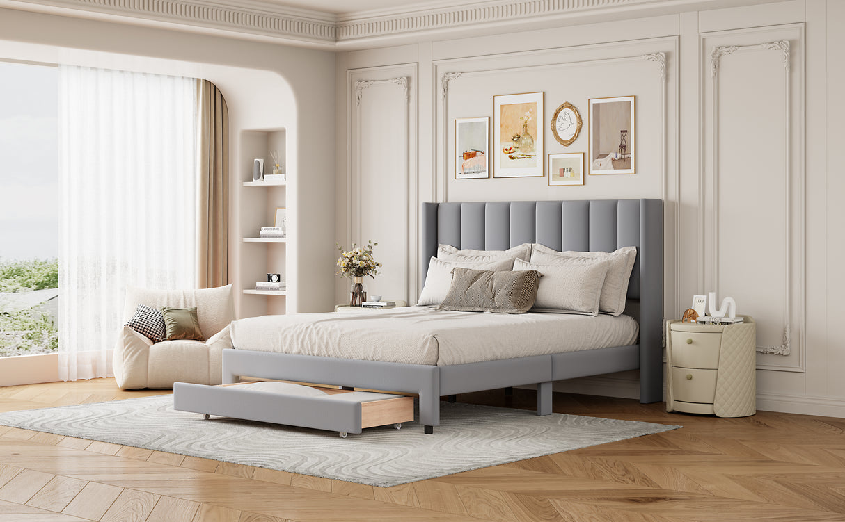 Full Size Storage Bed Velvet Upholstered Platform Bed with a Big Drawer - Gray - V.I.P Digital Presence