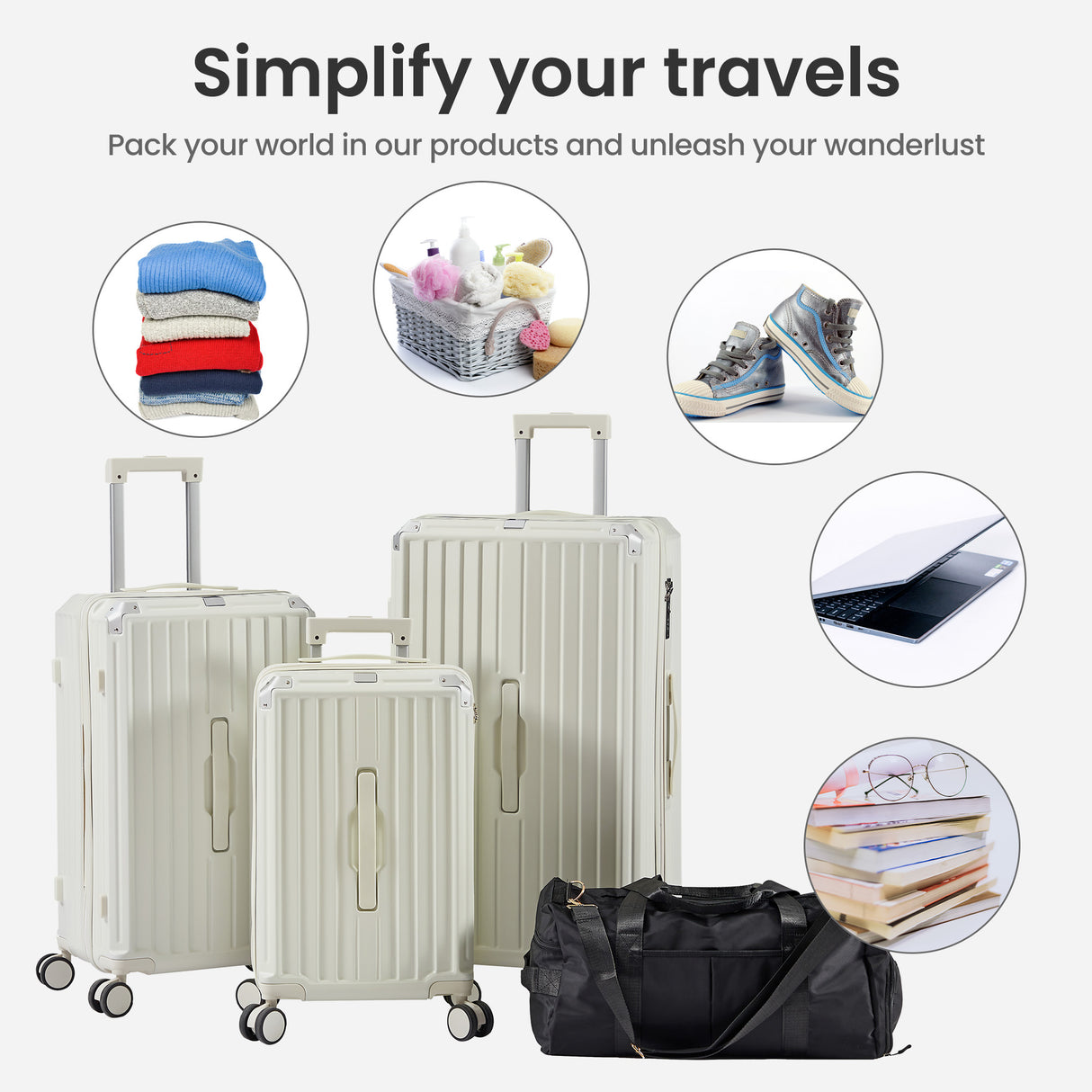 Luggage Set 4 pcs (20"/24"/29"/Travel Bag), PC+ABS Durable Lightweight Luggage with Collapsible Cup Holder、 TSA Lock, White
