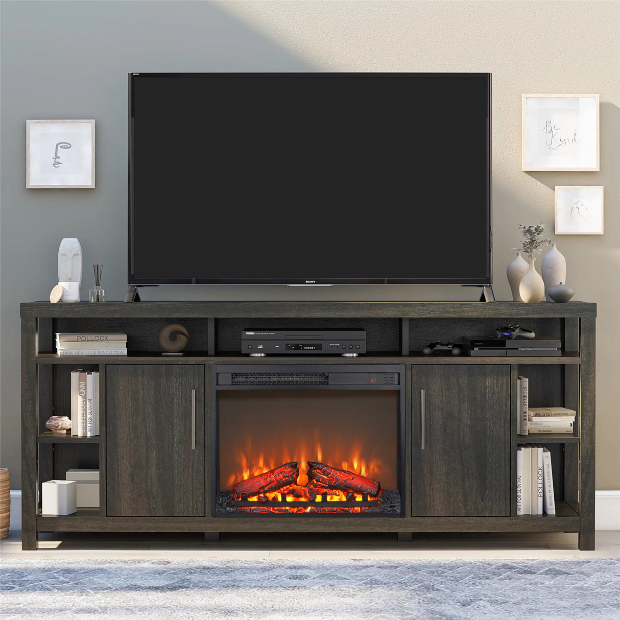 23 inch electric fireplace insert ultra thin heater with log set & realistic flame remote control - V.I.P Digital Presence