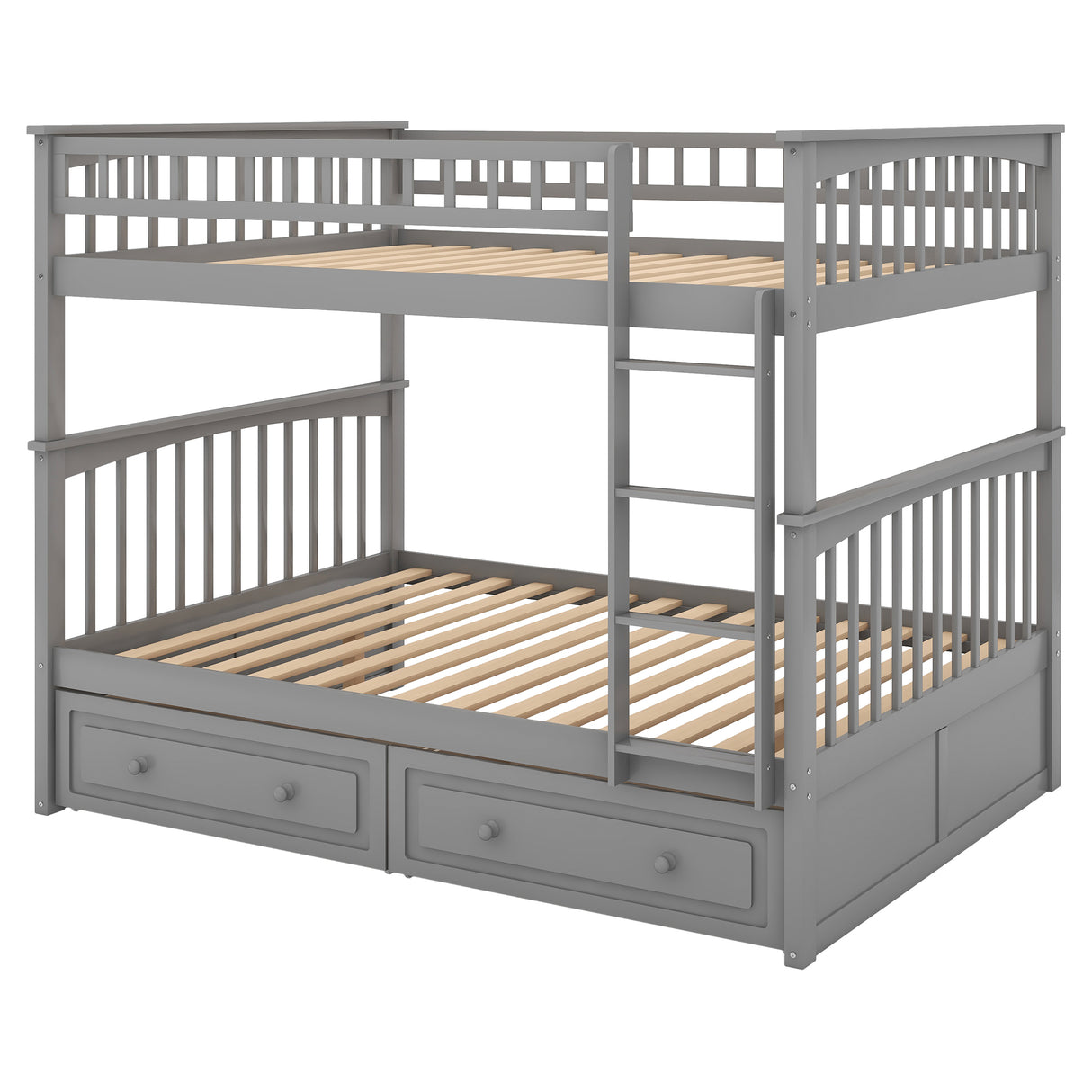 Full over Full Bunk Bed with Drawers, Convertible Beds Gray