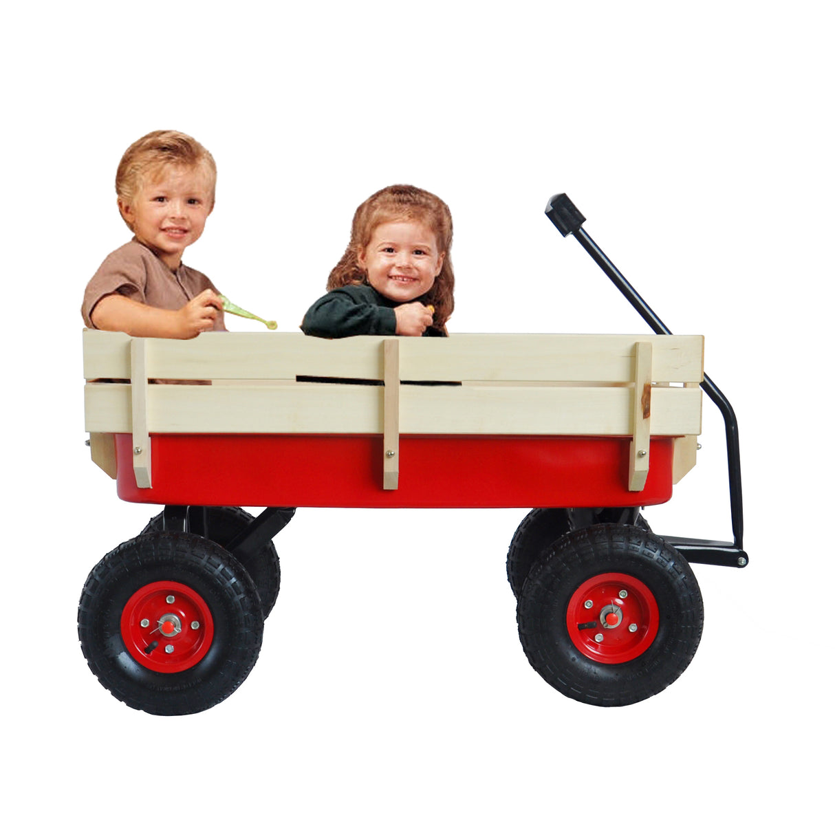 Outdoor Wagon All Terrain Pulling w/Wood Railing Air Tires Children Kid Garden(Red)