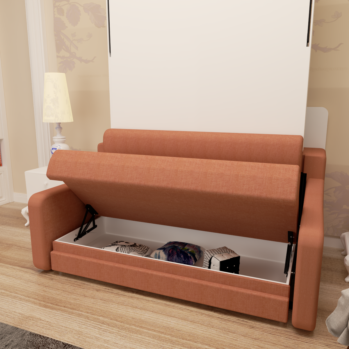 Full size Morden Deisgn vertical Murphy bed with sofa and drawers, white wall bed, space saving hidden bed with new gas pillars - V.I.P Digital Presence