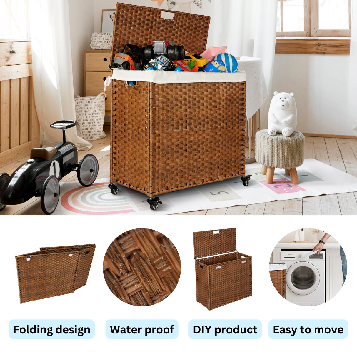 Laundry Hamper With Lid PE Rattan Powder Coating Frame Clothes Hampers with 02 Removable Bags, Wheels, 160L, Brown Color - V.I.P Digital Presence